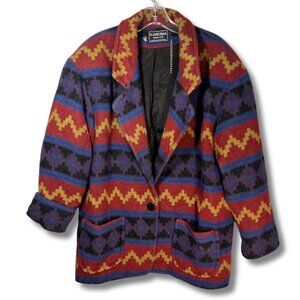 KARIZMA VTG 80s‎ 90s USA Wool Aztec Navajo Blanket Jacket Southwestern Coat 10 L